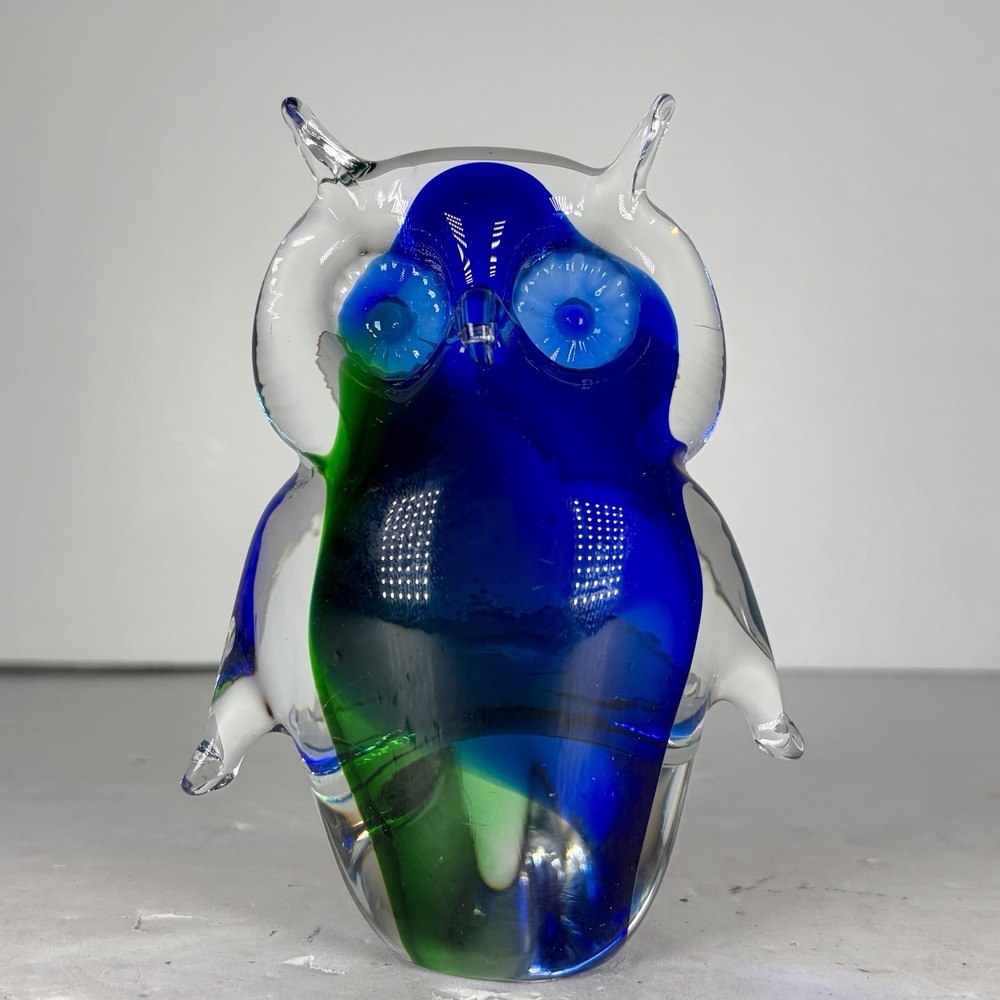 VTG Murano Style Sommerso Art Glass Owl Figurine Blue Green Clear